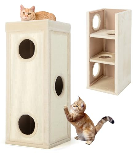 SOARS Tonneau à Gratter pour Chat 99 cm, Tour Arbre à Chat 4 Niveaux avec 3 Grottes et Surface Griffoir en Sisal, Niche Intérieure Stable Ø40, Beige