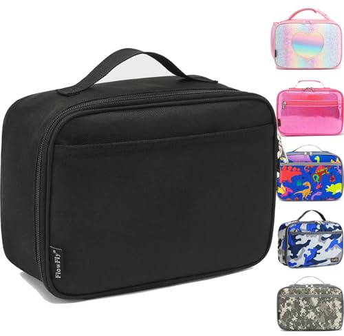 FlowFly Kids Lunch box Insulated Soft Bag Mini Cooler Back to School Thermal Meal Tote Kit for Girls, Boys, Black