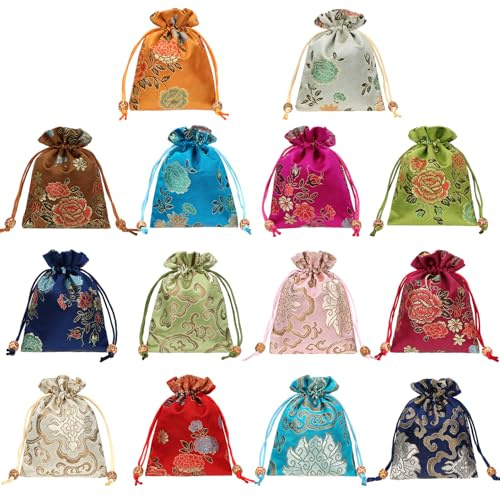 kilofly 14 pc Silk Brocade Jewelry Bag Double Layer Drawstring Coin Gift Pouch