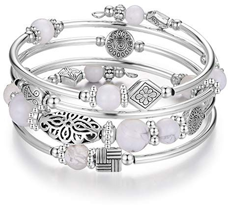BULINLIN Beaded Silver Bangle Wrap Bracelet for Her, Layered Bohemian Bracelets with Natural Stone, Jewellery Gifts for Women Ladies(Howlite)