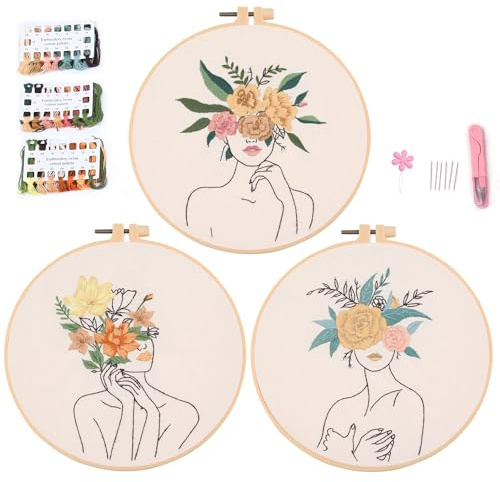 Myfelicity 3 uppsättningar med hela serien av broderikit för nybörjare, gör-det-själv handbroderi, startare, kvinnor och blommönster, inklusive mönsterduk, färgtråd, nål, ring och instruktioner ..