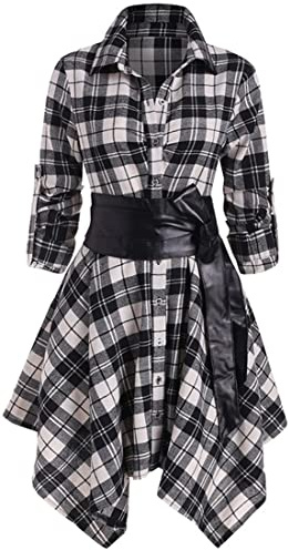 OLIPHEE Women's Shirt Dress Check Tartan Shirt Long Sleeve Blouse Mini Dress Long Top Waist Belt Plaid Shirt Black S