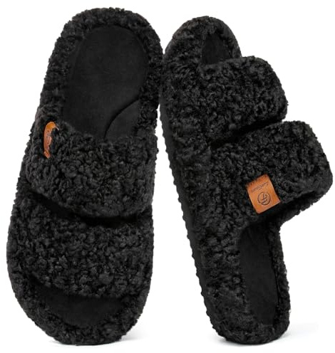 EverFoams Womens Fuzzy Open-toe Slippers Soft Comfy Memory Foam Indoor House Shoes Matt Black,7-8 US