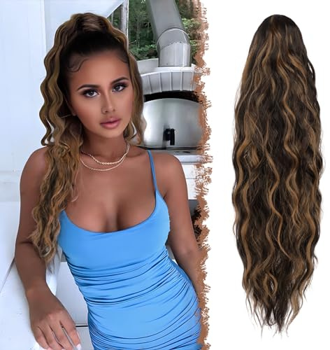 FESHFEN Coda Capelli Extension con Coulisse Lunga Nero e Marrone Caramello Ondulati Ricci Posticci Sintetici Coda Cavallo per Donna, 65 cm