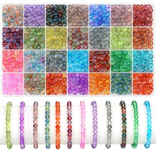 shynek 1400 Pieces 6mm Round Glass Beads for Bracelets, 28 Colors Bracelet Beads, Glass Crystal Beads for Jewelry Making, Bracelet Making and DIY Crafts(Ink Patterns Color)