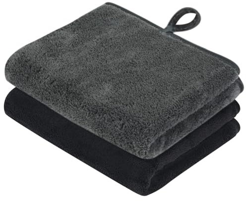VIVOTE Lot de 2 essuie-Mains en Microfibre, Super Doux et à séchage Rapide pour Cuisine, légers avec Boucle de Suspension, Serviettes Multifonctions pour Salle de Bain, Voyage, 30 x 50 cm, Noir et