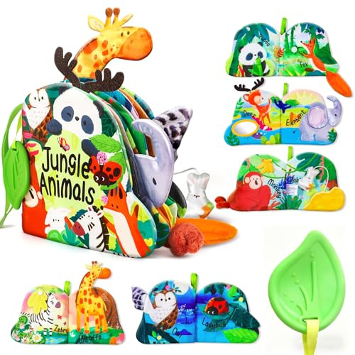 Jovow Livre Bebe 0-3 Mois, 3D Livre Tissu Bébé Eveil, Jeux Montessori Bebe Eveil 0 3 6 9 12 Mois, Jouets Bouquin Tissu Sensoriels Animaux, avec Miroir, Livres d'éveil Cadeau Naissance Fille Garcon