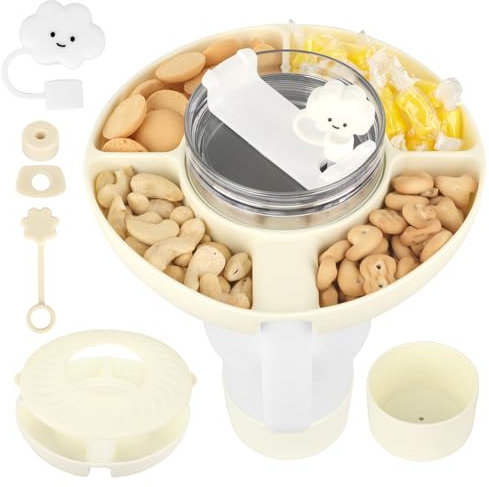 YSWOVUO Snackschale mit Deckel für Stanley Cup 40oz, Silikon Snackteller mit 5 Stück Stanley Cup Zubehör, Stanley Cup Teller mit 4 Fächern, Snack Tablett für Kino Camping Auto Nüsse Candy, Beige