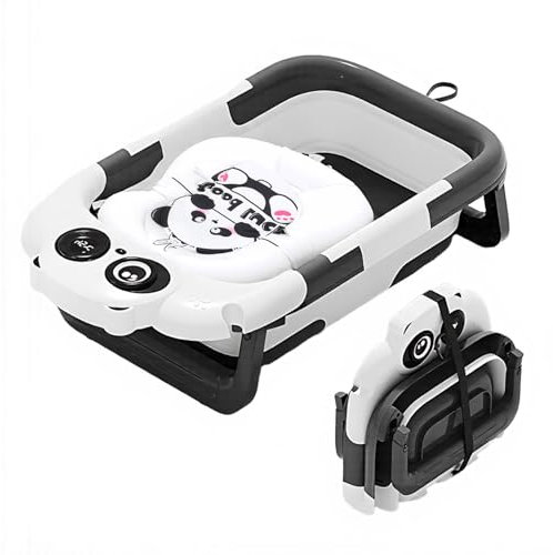 Ruspela Bañera plegable para bebé, bañera de viaje portátil con monitor de temperatura y cojín de apoyo suave, plegable, esencial para ahorrar espacio, baño suave y seguro para recién nacidos y baby