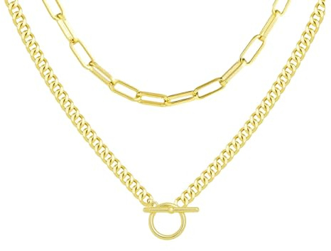 RIXERKOC 2 Pcs Colliers Superposés en Or pour Femmes, 14K Or/Argent Chaînes tour de cou Réglable Empilées Chaîne à Maillons Cubains avec Fermoir à Bascule Cadeaux pour la Fête des mères (Or)