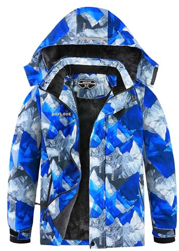 Boys' Ski Jackets Waterproof Winter Coat Fleece Windproof Snowboard Jacket with Removable Hood, Glacier Blue, 10-12