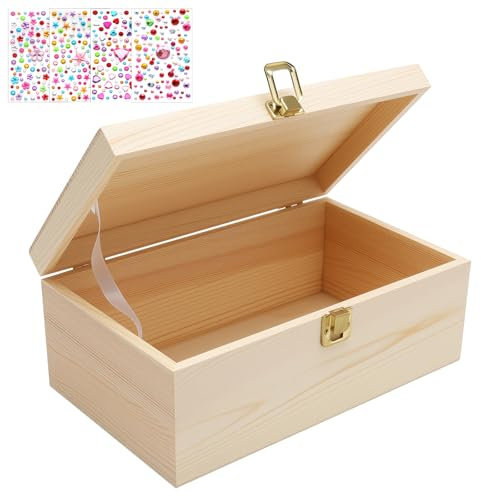 KQDRAVINE Scatola Legno con Coperchio E Set Di Adesivi con Pietre Preziose, Scatola In Legno Piccola, Scatola Portaoggetti, 20x15x10 Cm, Scatola Dei Ricordi, Scatola Regalo, Colore Naturale