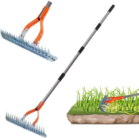Rastrillo de jardín con 19 dientes de acero – Escarificador manual ajustable (40-70 pulgadas), herramientas de jardín para desenredar, aireación del suelo y recogida de hojas – Escarificador de césped