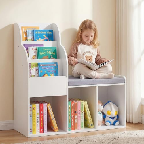 GYMAX Kids Bookcase with Bench, Wooden Children Bookshelf with Storage Cubbies, Shelves and Soft Seat Cushion, Toy Storage Organizer for Playroom Bedroom Nursery (80 x 29.5 x 81.5 cm,White + Gray)