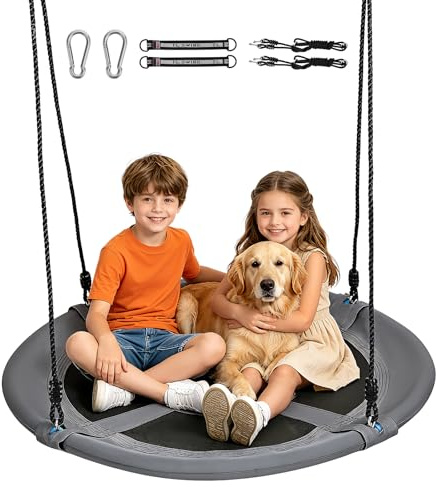 Altalena rotonda per bambini 120 cm, altalena sospesa regolabile con portata 120 kg, tessuto Oxford 900D & telaio in acciaio imbottito, interno ed esterno