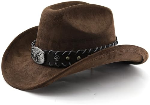 Chapeau de Cowboy Large Bordure réglable pour Hommes et Femmes élégant en Cuir de Daim Authentique Western Cowboy Chapeaux à la Mode en Plein air avec Design Unique (Marron)