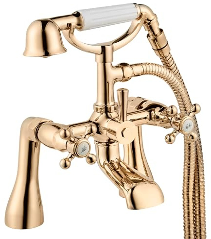 Deva Tudor Pillar Mounted Shower Head Bath Mixer Taps - Traditional Gold Brass Victorian Style - Hot & Cold Water - Cross Head Lever Handle - Bathroom Tub Handset Tap TUD03/501 – 12 Year Warranty