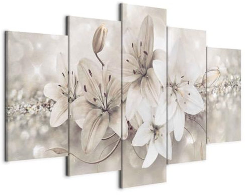 B&D XXL - Wandbild XXL Abstrakt Blumen 200x100 cm 5 tlg - Leinwandbild Holz Wandbilder Set Schlafzimmer für Wohnzimmer Büro Küche Groß Modern - Weiss Lilien Natur Abstrakt beige b-A-0297-b-n