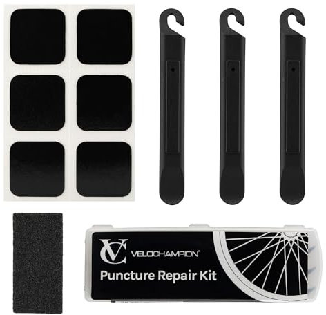VeloChampion Kit de réparation de crevaison pour pneus de vélo de Route, VTT, BMX, ebike| Kit de réparation de crevaison de vélo | Pack de 6, 10 ou 40 + démonte-pneus (Kit de Réparation + Patchs)