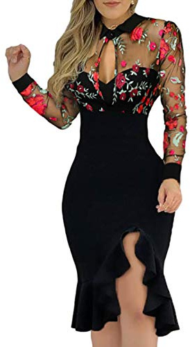 LINYOUY tajt klänning dam, lång klänning med slits, volang, tryckt figursmickrande klänning, cocktailklänning damer, sexig spetsklänning, klänning damer, elegant, festliga brudklänningar, affärer,