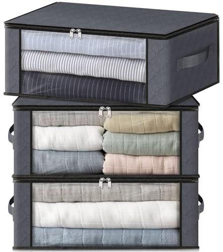 HomeHacks Storage 3-Pack Clothes Organizer Storage Bags Foldable Storage Box with Large Clear Window Sturdy Handles for Closet, Dorm, Pillows, Bedding, Clothes, Blankets, 35L, Gray