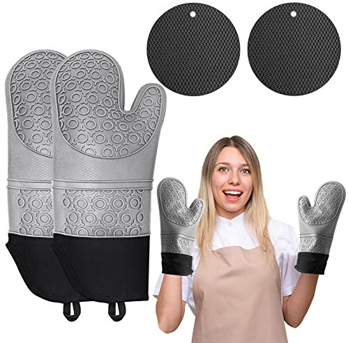 Phantasy® Ofenhandschuh und Topflappen Set, 260℃ Hitzebeständige Topfhandschuhe, Anti-Rutsch Silikon und Baumwolle Topfhandschuhe 1 Paar für Küche, Backofen, Mikrowelle, Dunkelgrau