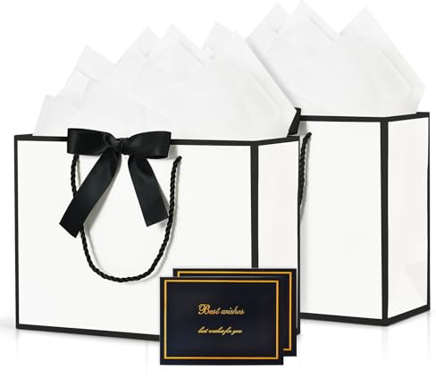 BBLIKE Medium Gift Bags for Present - 2 Pcs Birthday Gift Bag with 4 Wrappers and 2 Cards, Luxury Paper Bags with Handles for Girls Boys Wedding Party Christmas Valentines Bridesmaid (White Black)