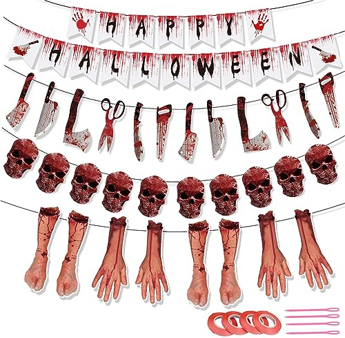 KASESSS 4 Ensembles Halloween Guirlande Papier, Decoration Halloween Horreur, Banderole Halloween Crâne Couteau Sanglant, Deco Halloween Effrayante, Bannière d'Halloween Exterieur Interieur pour Fêtes