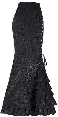 Abito a Sirena Jacquard retrò Stile Punk da Donna Halloween Gotico Vittoriano Steampunk Lungo Slim Fit Sirena con Volant a Strati-Gonna Nera-L