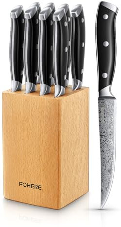 Coltelli da Bistecca con Ceppo Coltelli, FOHERE Set di 8 Coltelli da Bistecca in Acciaio Inox a Lama Dritta Extra Affilata, con Motivo Damasco, Codolo intero Design impugnatura ergonomica