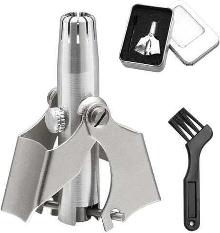 Manueller Nasenhaartrimmer mit Reinigungsbürste, Silber Edelstahl Nasenhaar und Ohrhaartrimmer, Nasenhaarschneider Mechanisch für Zuhause und Unterwegs
