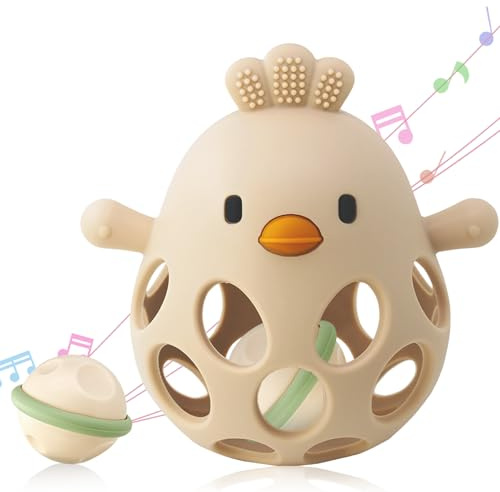 ChooKaChoo 2-in-1 Baby Teething Rattle Toy, Sensory Grasping Teether for Infants 3-12 Months, 100% Food-Grade Silicone, Easy to Hold, Soothing & Developmental, BPA Free