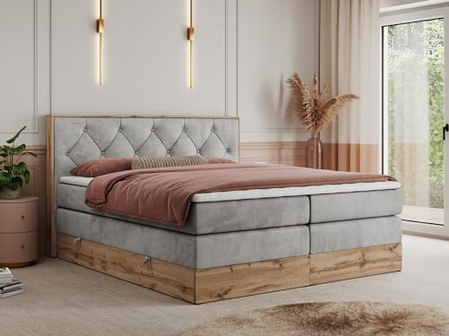 MKS MEBLE King Boxspringbett 180x200 mit Kopfteil und Bettkasten, Polsterbett mit Matratze H4 und Topper T25, Wotan Eiche Dekor - Hellgrau Velvet - Veneto King