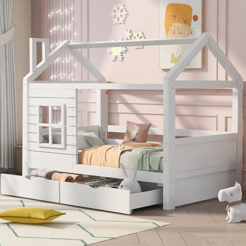 KOMHTOM Lit Cabane en Bois lit d'enfant avec 2 Tiroirs de Rangement Cadre de Lit Support à Lattes pour Filles et Garçons, Blanc(sans Matelas) (90x200cm)