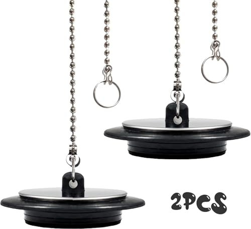 2 Pcs Universal Sink Plug, 43mm Drain Stopper with Long Stainless Steel Ball Chain Hook, Black Rubber Cover Trap Strainer Replacement Sink Drain Stopper Plug for Kitchen Bathroom Bathtub Sink