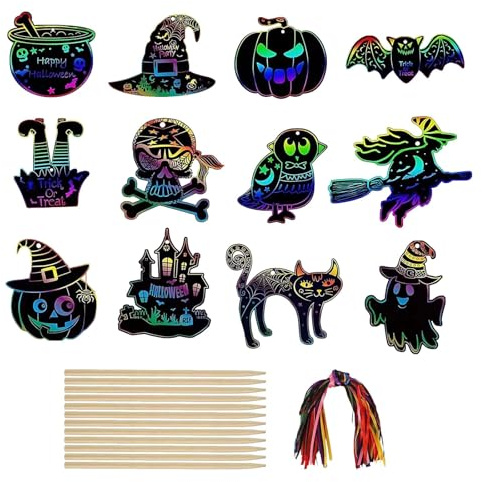 Vordpe Pack of 48 Halloween Scratch Pictures, Colourful Halloween Scratch Art for Children, Halloween Embellishments Hanging Craft Kits, Scratch Art Paper with Wooden Pens Ribbon (B-GHZ307)