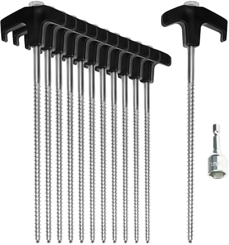 Com-four 12 picchetti per tenda in acciaio con adattatore batteria, picchetti a vite robusti, filettatura per terreni duri, ideali per campeggio e attività all'aperto