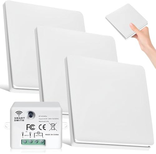 GOEDCH RF433 Funk Lichtschalter Set: Drahtlos Kinetischer Batterieloser Schalter mit Empfänger, Funk-Wandschalter, Funkschalter Licht, 3 Way Kit Bis 50m Reichweite für Lampe Innen Außenbereich