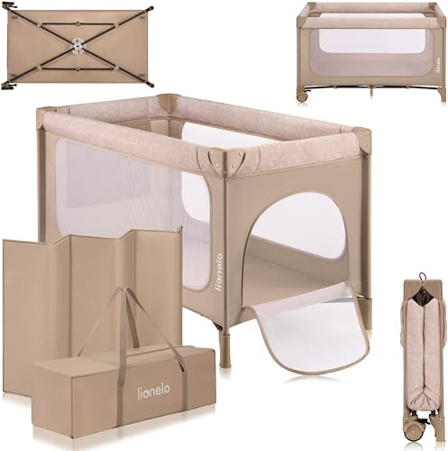 Lionelo Jasmin Easy FoldReisebett für Kinder bis zu 15 kg von 0 bis 36 Monaten Schaumstoffmatratze T25, 2 Höhenstufen, Einfaches Zusammenfalten Easy Fold, Seiteneinstieg, Rollen