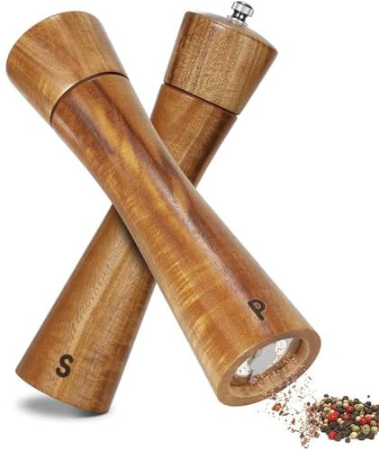 Macinasale e pepe, set di 2 macinaspezie in legno di acacia, macinapepe da 20,3 cm, macina in ceramica con spazzola per la pulizia e cucchiaio per diversi macinini per spezie