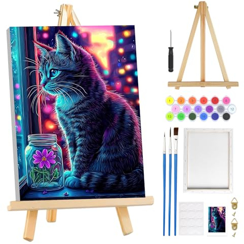 MOGTAA Pintura de gato por números para adultos principiantes con marco, pintura de flores por números para adultos con caballete, kits de pintura al óleo para decoración del hogar, 8 x 12 pulgadas