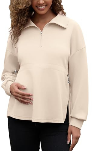 Women's Maternity Sweatshirts Half Zip Drawstring Waist Long Sleeve Side Slits Loose Fit Pullover Tops,Light Apricot S