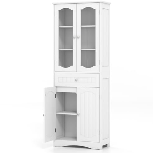 Multigot Tall Bathroom Cabinet, Freestanding Wooden Storage Cupboard with Tempered Glass Doors, Adjustable Shelves and Drawer, High Floor Cabinet Narrow Storage Organizer Unit (White)