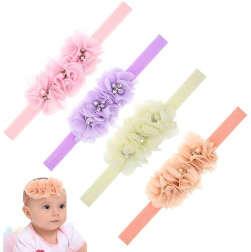GXGM 4 Piezas diademas para recién nacidos, diademas bebe, encaje pétalos flor para el cabello, accesorios para bebé, regalo para bebés, niñas, diademas superelásticas