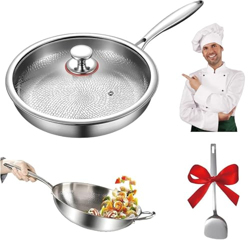 Padella Titanio Puro,Padella in Titanio Martellato con Coperchio, Padelle Titanio Antiaderente ,Riscaldamento Uniforme, Resistente ai Graffi,Multifunzione Titanium Pan, per Ogni Piano Cottura (26CM)