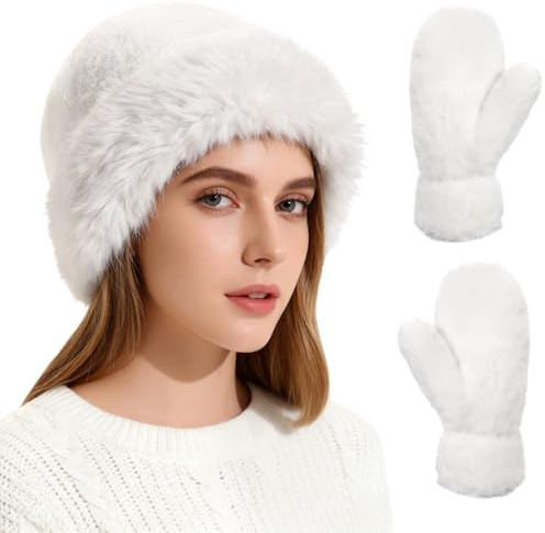 Gorro de Invierno Guantes Set para Mujer, Gorro de Pescador Fluffy Sombreros de Pescador Gorros de visón Peludos Manoplas Conjunto de Térmicos para Actividades de Ocio en Interiores o Exteriores
