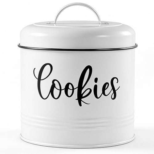 Bivvclaz Cookie Jar with Airtight Lid - 1 Gallon Vintage Cookie Tin for Kitchen Counter - Large Food Storage Container for Candy, Cookies, Dessert - Farmhouse Kitchen Decor and Accessories, White