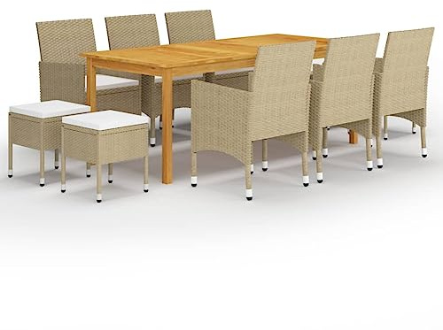 RMIHSJG Ensemble de jardin 11 pièces beige en bois d'acacia avec groupe de sièges en rotin PE, 6 chaises et 1 table, meubles d'extérieur résistants aux intempéries pour terrasse, chaises de jardin