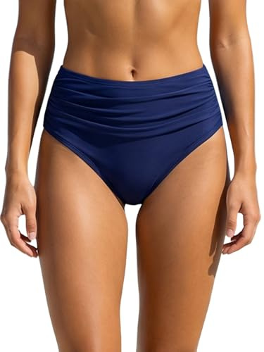 Charmo Womens Bikini Bottoms High Waist Ruched Swimsuit Briefs Navy-a M