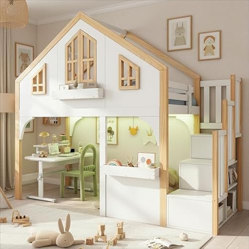 3ft Single High Sleeper Bunk Bed for Kids, Solid Pine Wood Loft Bed Frame with LED Lighting, Storage Stairs and Shelf, Window-Shaped Children's Bed House Beds with Safety Guardrails, White+Natural